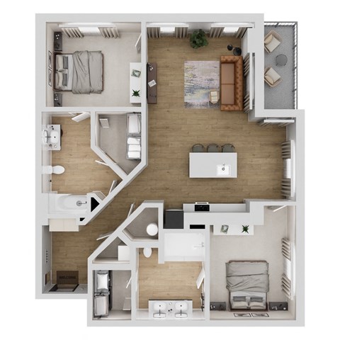 A top-down view of a small apartment layout with a kitchen, living room, and bedroom.